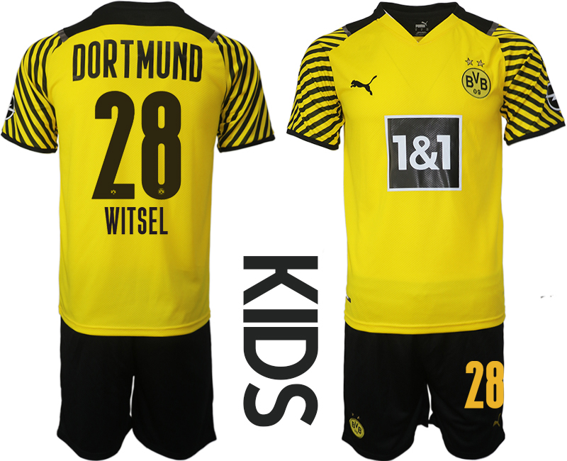 Youth 2021-2022 Club Borussia Dortmund home yellow #28 Soccer Jersey